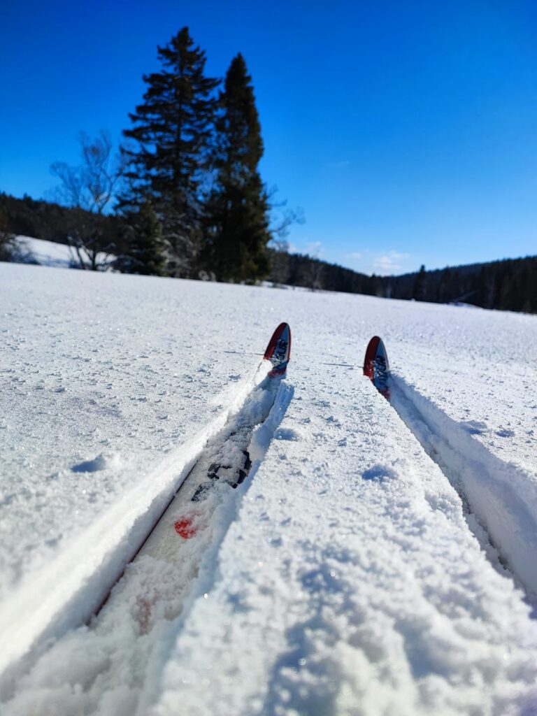 narty biegowe w świeżym śniegu poza szlakiem